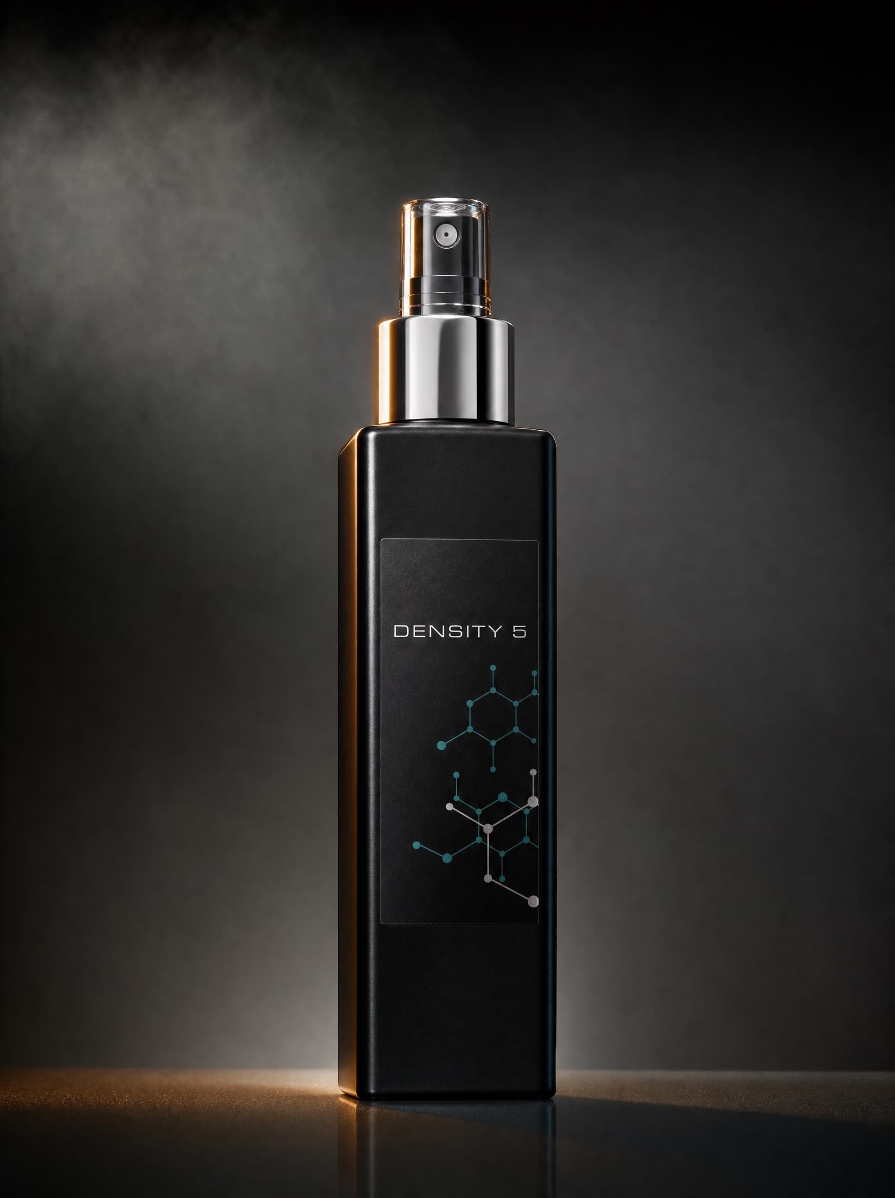 Envase de DENSITY 5 con aplicador tipo spray, fotografía de estudio en fondo oscuro con acentos cobre.